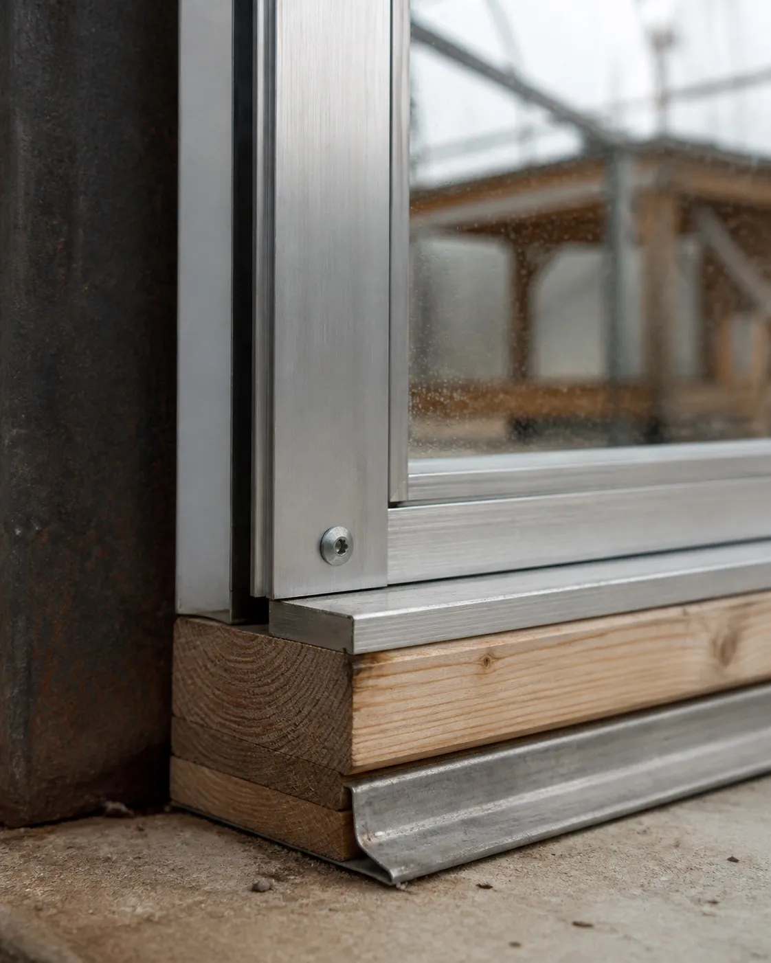 Close study of aluminum framing, glass, timber, and galvanized detailing